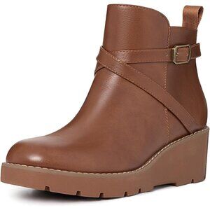 Women's Brown Wedge Ankle Boots Platform Lug Sole Buckle Zip Short Booties
